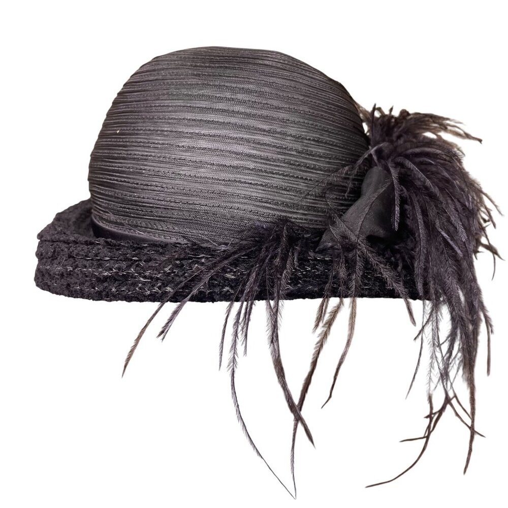 Deborah Rhodes Black Straw & Feather Accent Formal Hat With Ribbon Detail